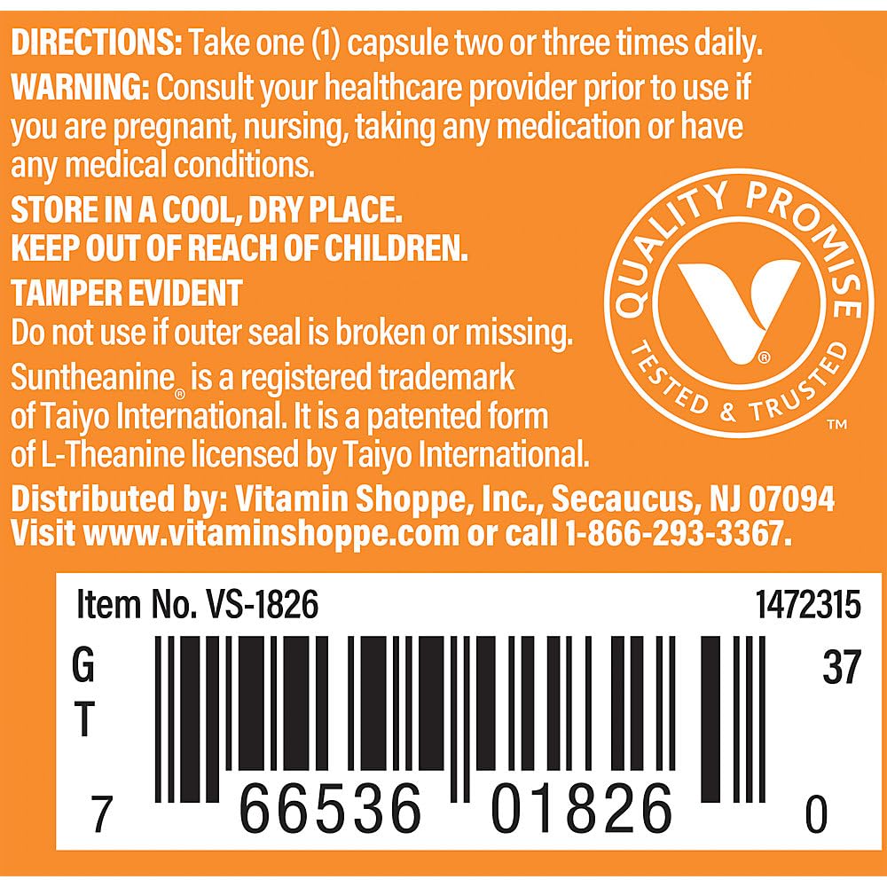 The Vitamin Shoppe L-Theanine 100MG - Calm Focus, Stress Support & Relaxation, Amino Acid from Green Tea (60 Capsules)