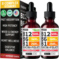 Thumbnail for (2 Pack) Vitamin B12 and B6 Liquid Drops, B12 Sublingual Vitamin B Complex - B 12 Vitamin 5000mcg - B12 Methylcobalamin for Energy, Brain, and Heart Support with 27,200 mcg, Raspberry, 80 Servings