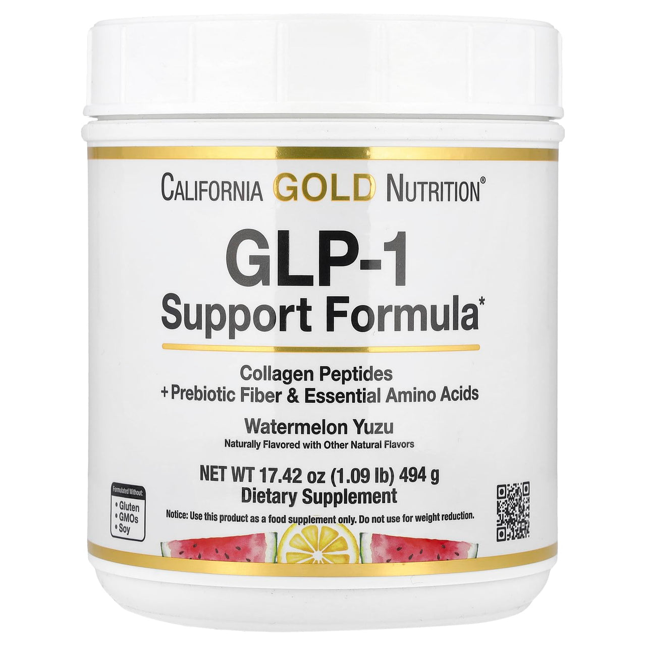 California Gold Nutrition GLP-1 Support Formula with Collagen Peptides, Prebiotic Fiber & Essential Amino Acids, Watermelon Yuzu, 1.09 lb (494 g)