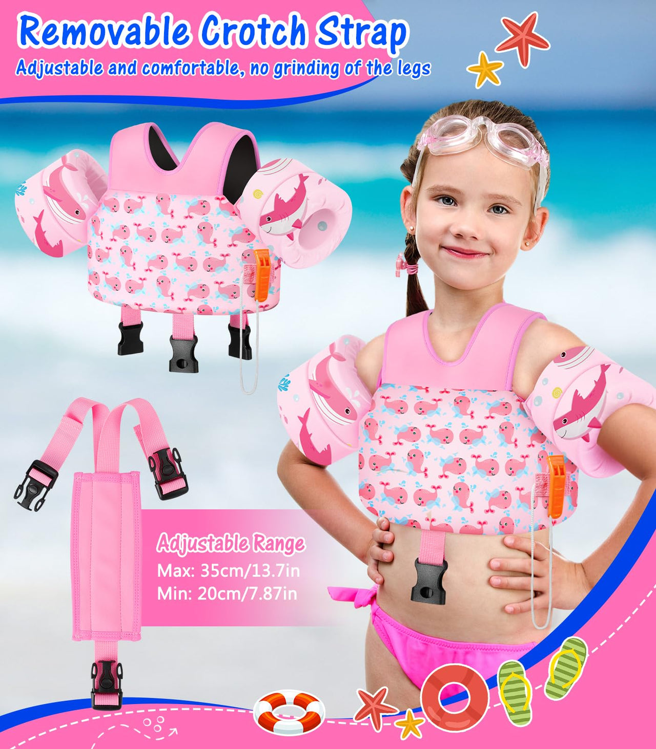 MoKo Swim Arm Floaties 15-30 lbs, Toddler Swim Vest for Kids Cartoon Swimming Water Wings with Crotch Strap, Pool Float Vests Sleeves Shoulder Straps Arm Band for Children, Baby Pink Whale