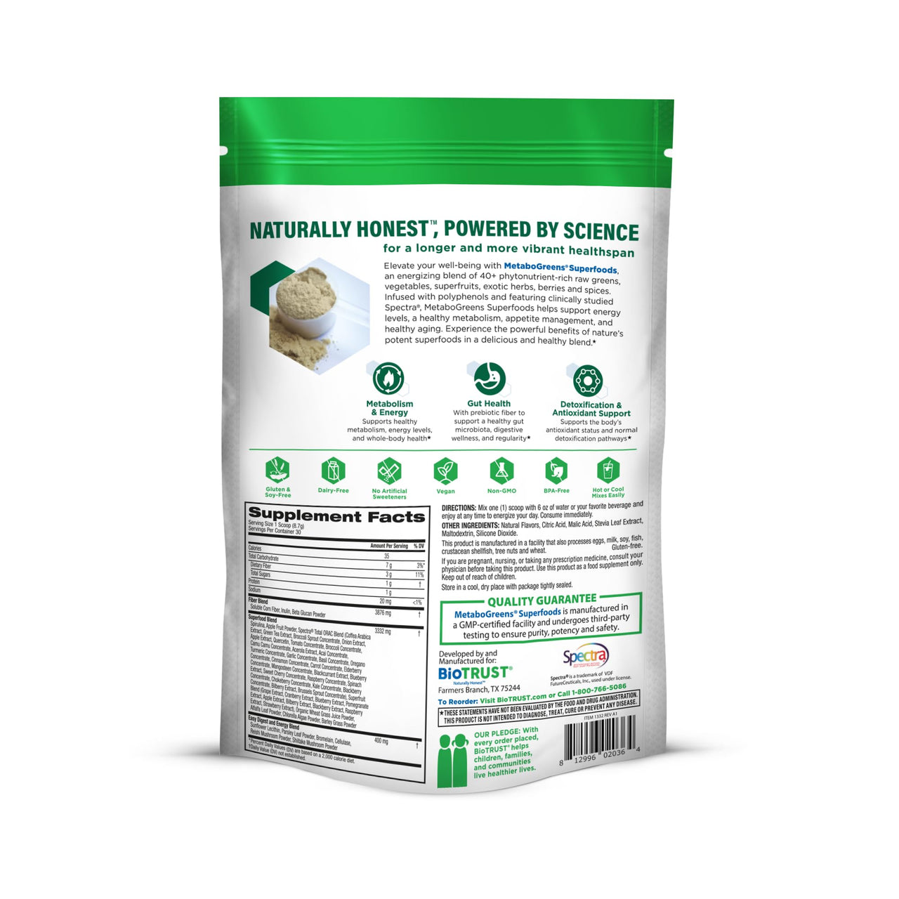 BioTrust Metabo Greens Superfood Powder - Super Greens Powder, Fruit & Veggie Blend with Clinically Studied Spectra - Non GMO, Soy Free, Gluten Free, Dairy Free, Energizing Berry Flavor (30 Servings)