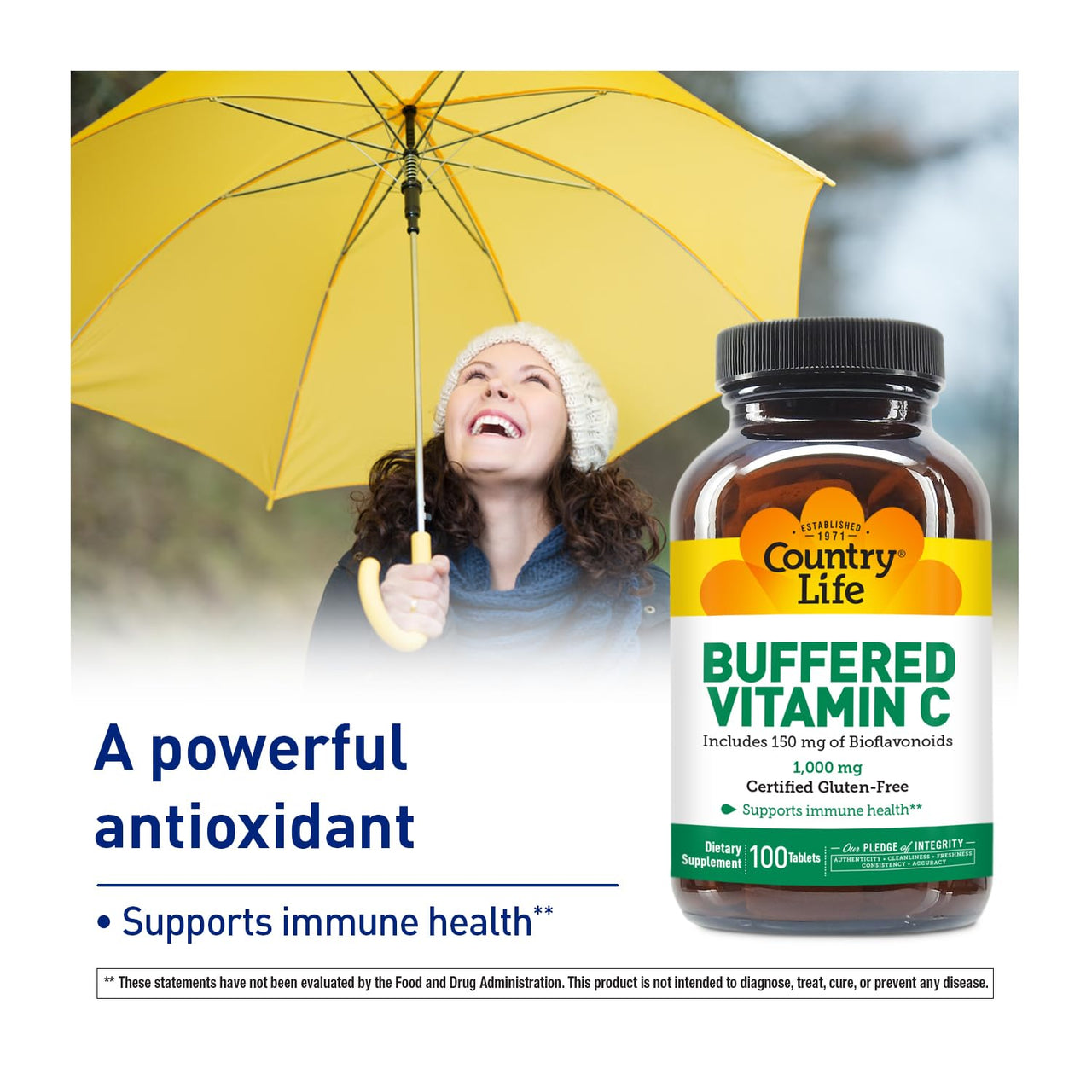 Country Life Buffered Vitamin C 1000mg with Bioflavonoids, Calcium, Magnesium, Potassium - Immune Support, Vegan Capsules, Gluten-Free, Gentle on Stomach - 100 Tablets