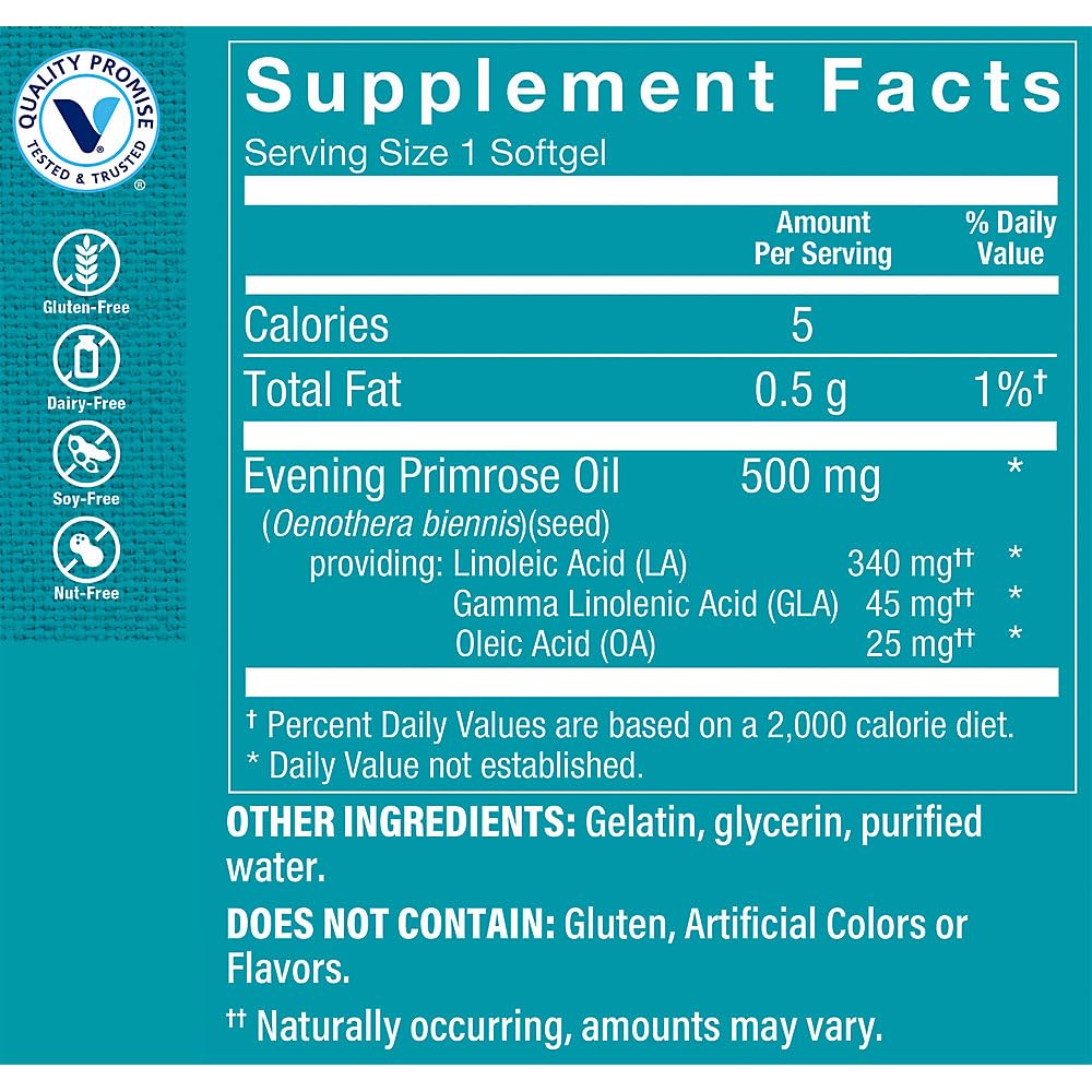 The Vitamin Shoppe Evening Primrose Oil 500mg - GLA Omega-6 | Women's Hormonal Balance | 120 Softgels | Cold-Pressed