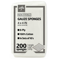 Thumbnail for Medline 4 x 4 inch Gauze Sponges, 100% Cotton, 8-Ply Woven Non-Sterile Gauze (Pack of 200)