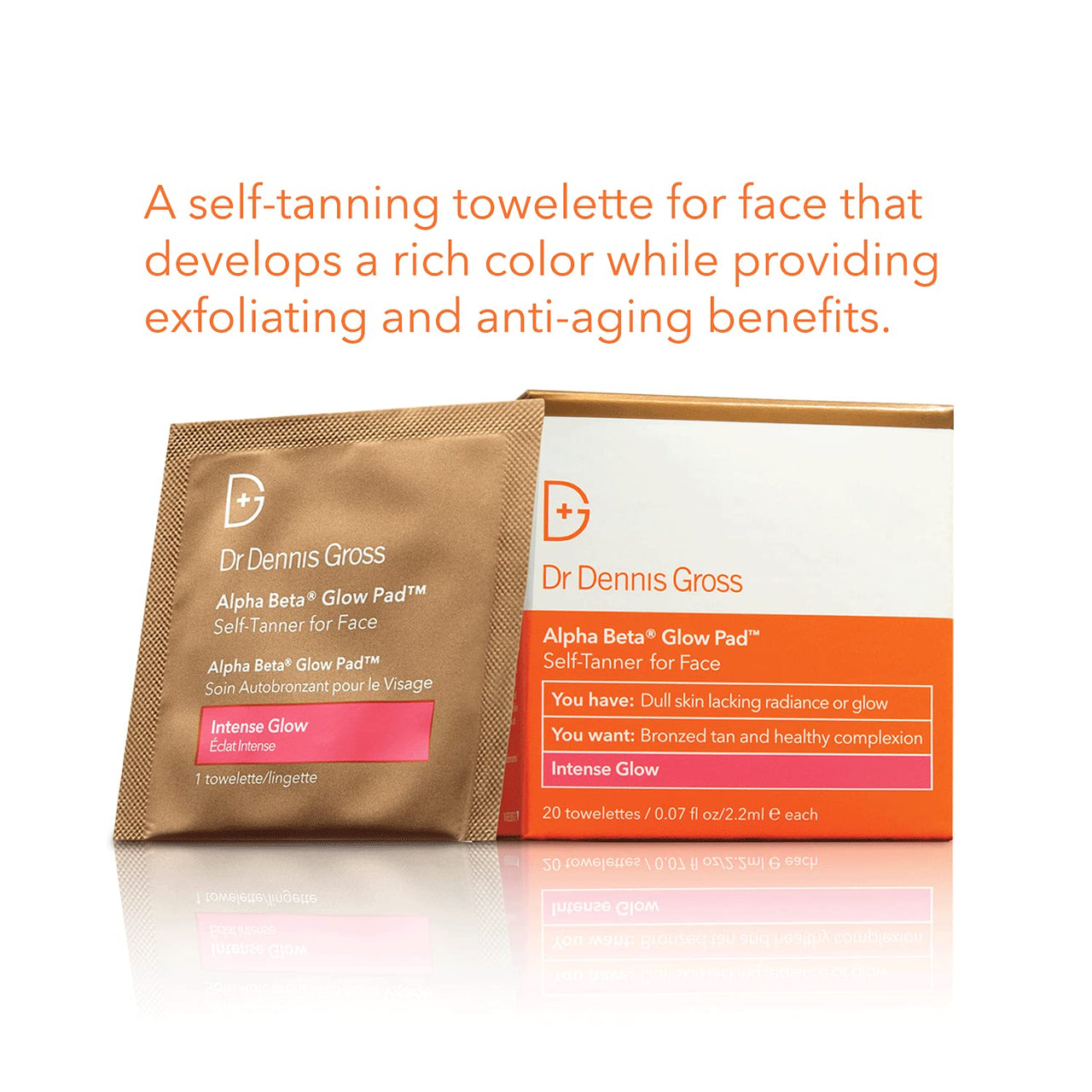 Dr Dennis Gross Alpha Beta Glow Pad Self Tanner Intense Glow for Face: for Dull Skin Lacking Radiance & Glow, (20 Towelettes)