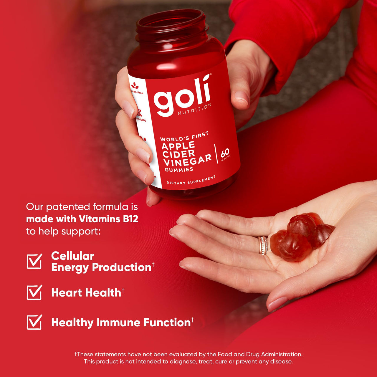 Goli Apple Cider Vinegar Gummies - Worlds First ACV Gummy with Vitamin B12, Beetroot & Pomegranate - Vegan, Non-GMO, Gluten-Free - 60 Count (Pack of 1)
