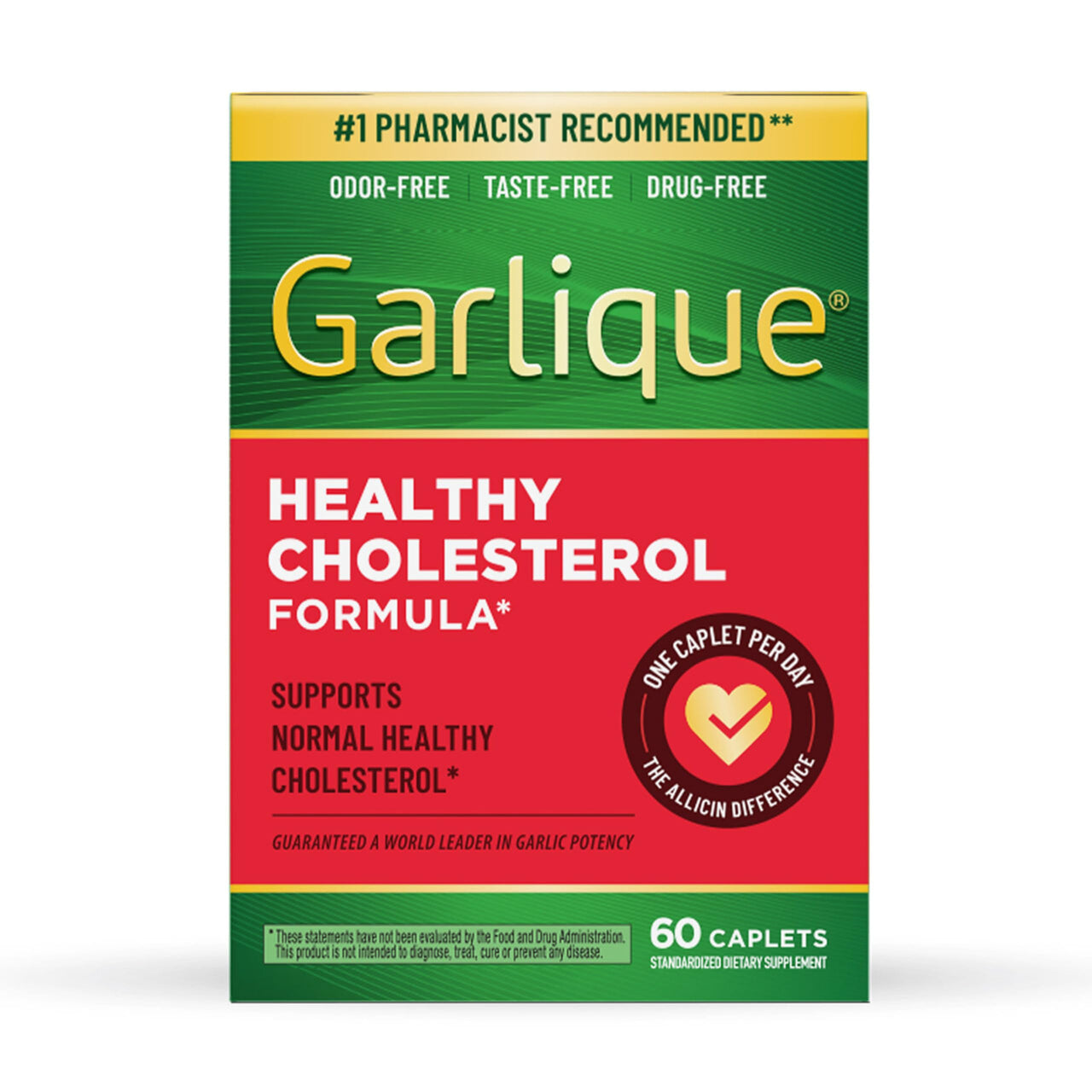 Garlique Garlic Extract Supplement, Healthy Cholesterol Formula, Odorless & Vegan, 60 Caplets