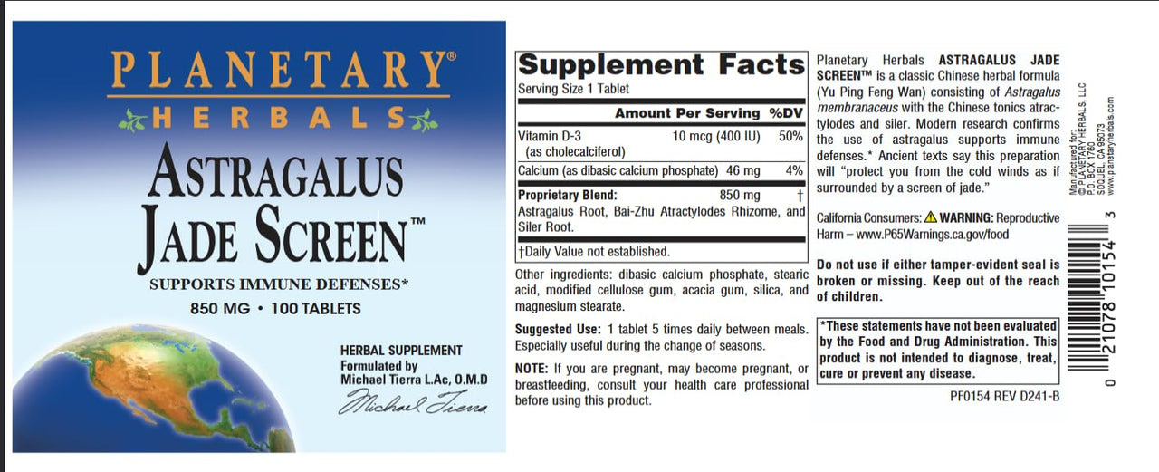 Planetary Herbals Astragalus Jade Screen 850mg, Supports Immune Defenses* - 100 Tablets