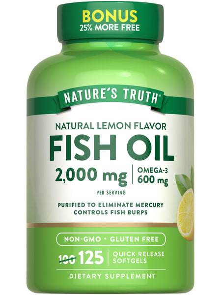 Nature's Truth Omega 3 Fish Oil 2000 mg | 125 Liquid Softgels | Burpless, Lemon Flavor Pills | Non-GMO and Gluten Free Supplement