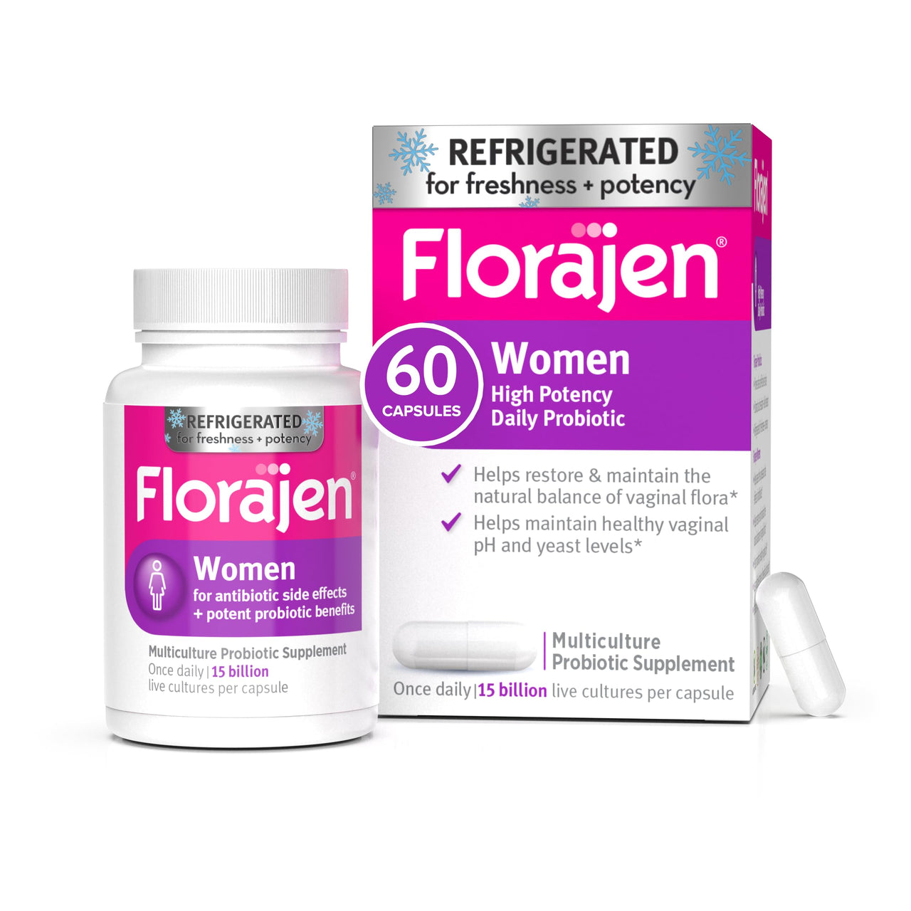 Florajen Womenâ€™s Vaginal Probiotic - Gut Health, Vaginal pH Balance, & Constipation Relief - Multi-Strain Formula with Lactobacillus - Refrigerated for Potency - 60 Capsules