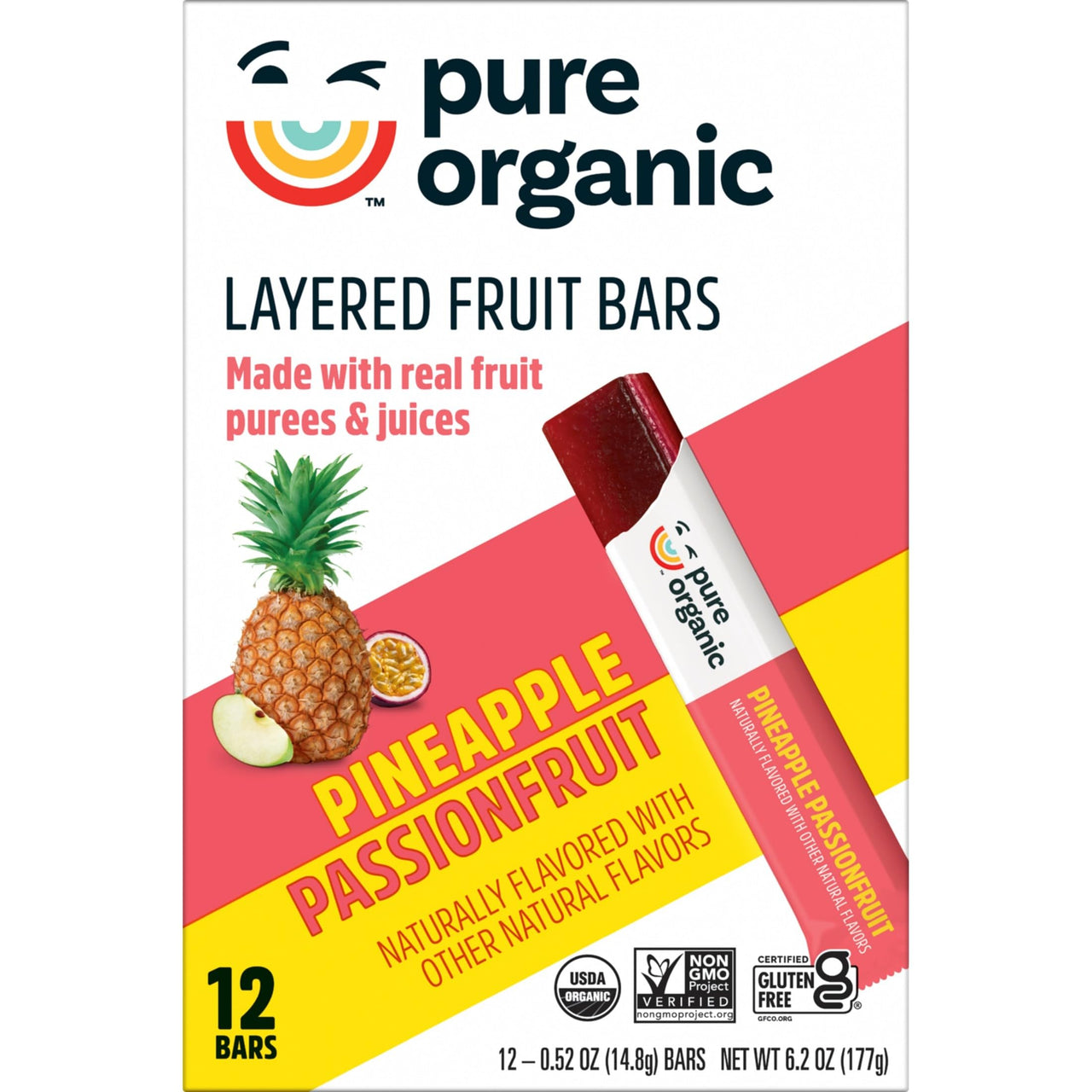 Pure Organic, Layered Fruit Bars, Pineapple Passionfruit, Gluten Free and Vegan Fruit Snacks, 6.2oz Box (12 Count)