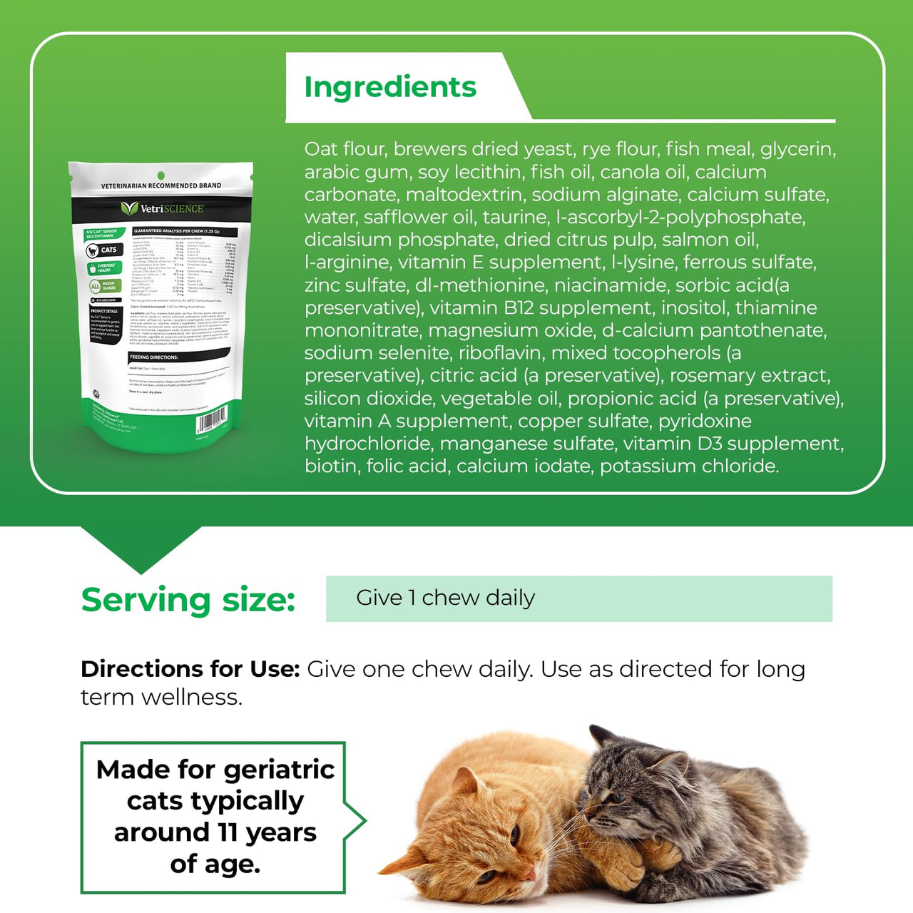 VetriScience Senior 27+ Active Health Chews, Nu Cat Daily Multivitamin for Senior Cats, Balanced Vitamins, Minerals and Antioxidants, Healthy Aging and Wellness Support, Fish, 30 Count