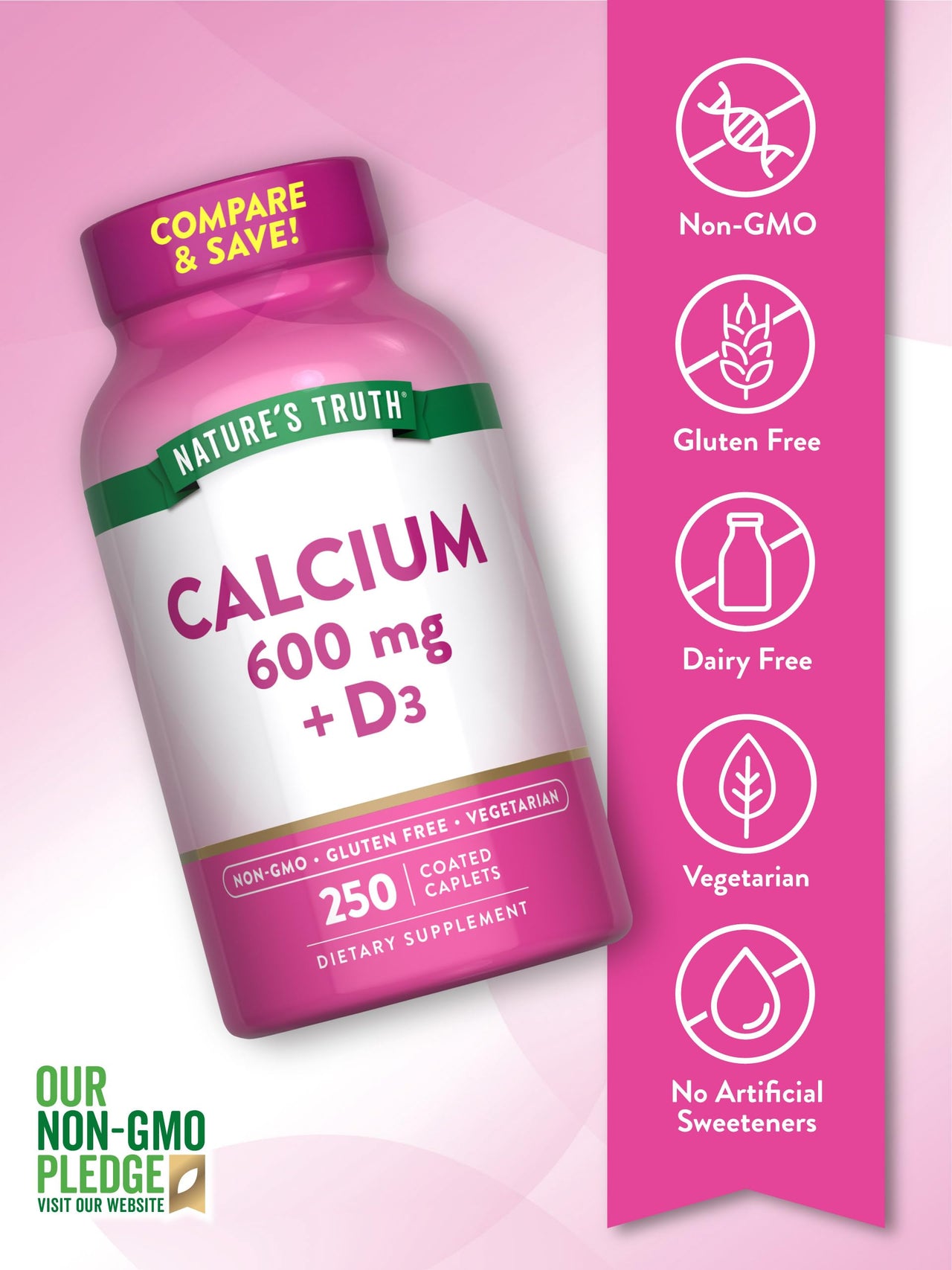 Nature's Truth Calcium 600mg with Vitamin D3 | 250 Caplets | Calcium Carbonate | Vegetarian, Non-GMO & Gluten Free Supplement
