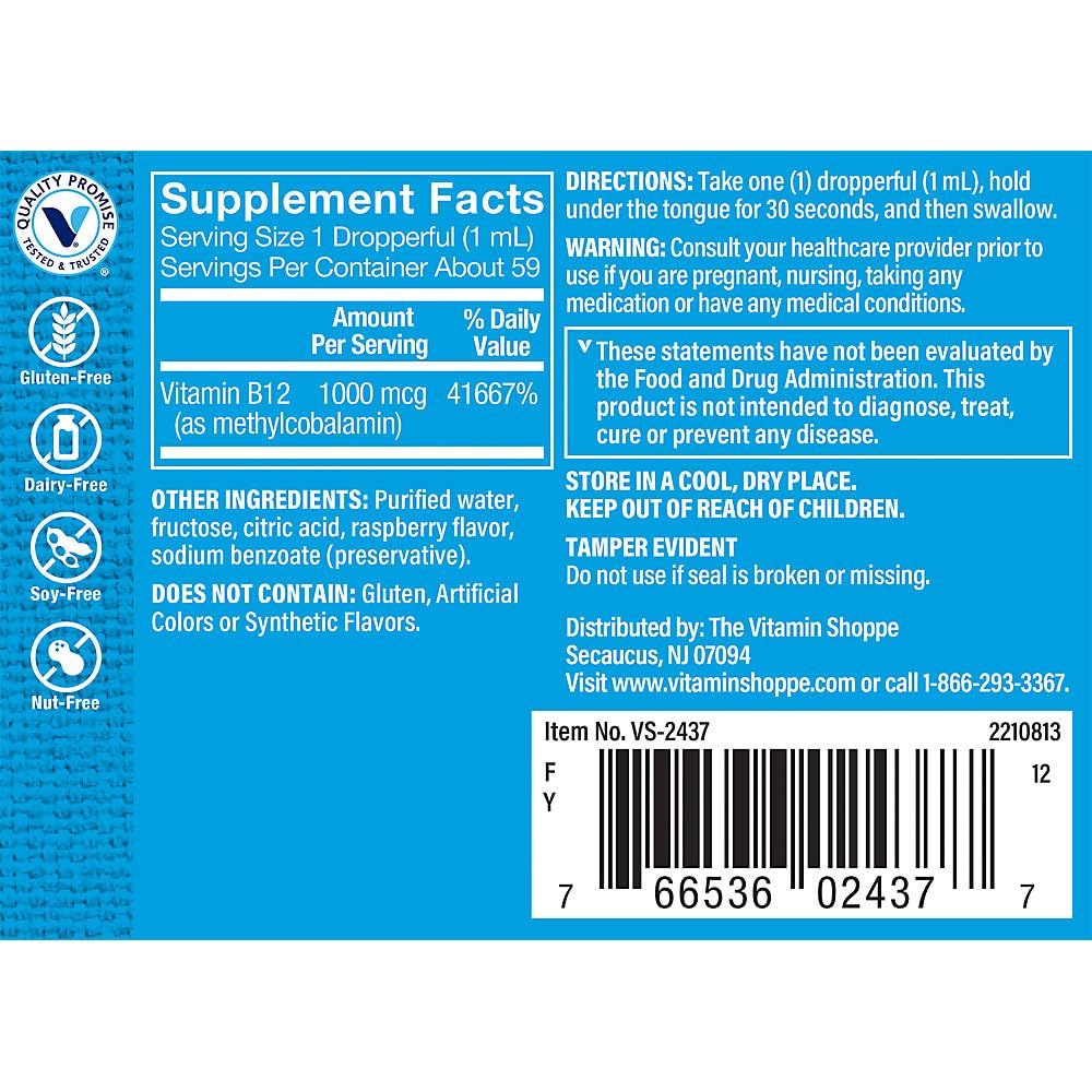 The Vitamin Shoppe Liquid B12 Methylcobalamin 1000 MCG - Energy Production | Raspberry Flavor Drops | 2 oz | Fast Absorption