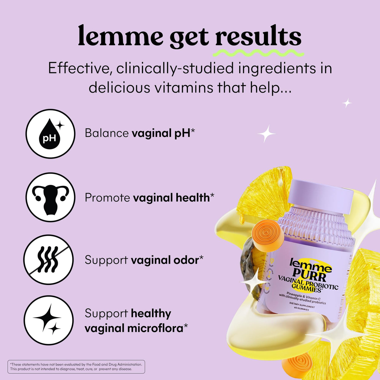 Lemme Purr Vaginal Probiotic Gummies for Women - Balanced pH, Healthy Odor, Yeast Balance & Flora Support + Vitamin C for Immune Health - Tasty Pineapple (60 Count)