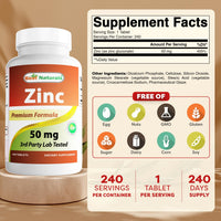 Thumbnail for Best Naturals Zinc Supplement as Zinc Gluconate 50mg 240 Tablets - Immune Support