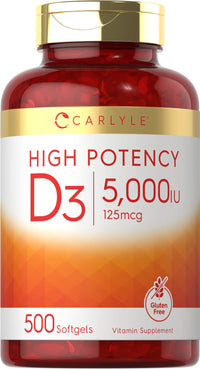 Thumbnail for Carlyle Vitamin D3 5000 IU Softgels | 500 Count | Value Size | Non-GMO and Gluten Free Supplement | High Potency Formula | 125mcg