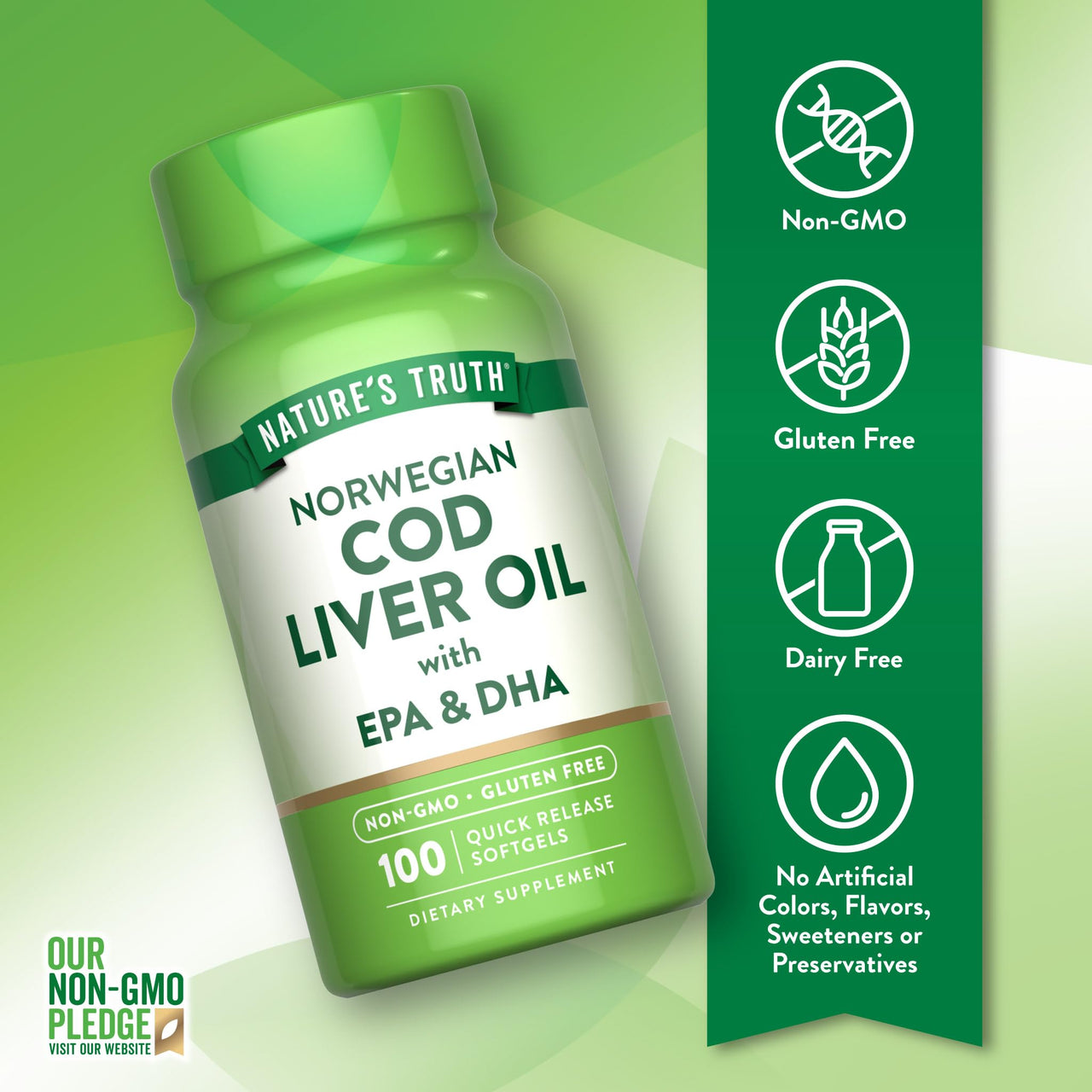 Nature's Truth Norwegian Cod Liver Oil | 100 Softgels | with EPA & DHA | Non-GMO & Gluten Free Supplement