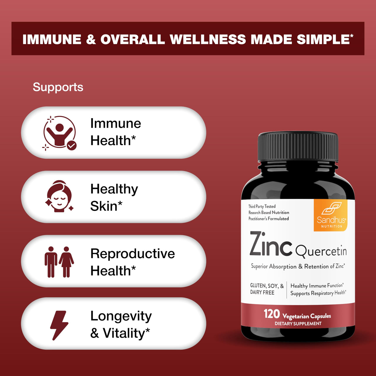 Sandhu's Zinc Quercetin 120 Vegetarian Capsules (Pack of 1) | High Absorption Zink Supplements for Immunity and Seasonal Allergy | Antioxidant Immune Support for Men and Women | Easy to Swallow