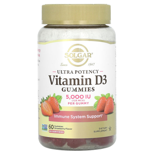 Solgar Vitamin D3 Gummies for Adults 5,000IU Ultra Potency Vitamin Immune System Support for Women & Men - Tasty Strawberry Flavor, Gluten & Gelatin Free Gummy, 2 Month Supply, 60 Servings, 2g Sugar