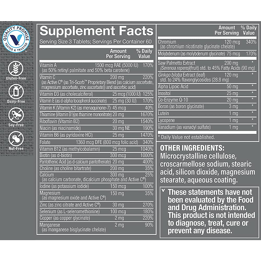The Vitamin Shoppe Brand Ultimate Man 50+ Multivitamin, Daily Men’s 50 Plus Multivitamin with Vitamins, Minerals & Antioxidants for Energy, Immune and Overall Wellness Support, Gluten Free,180 Tablets