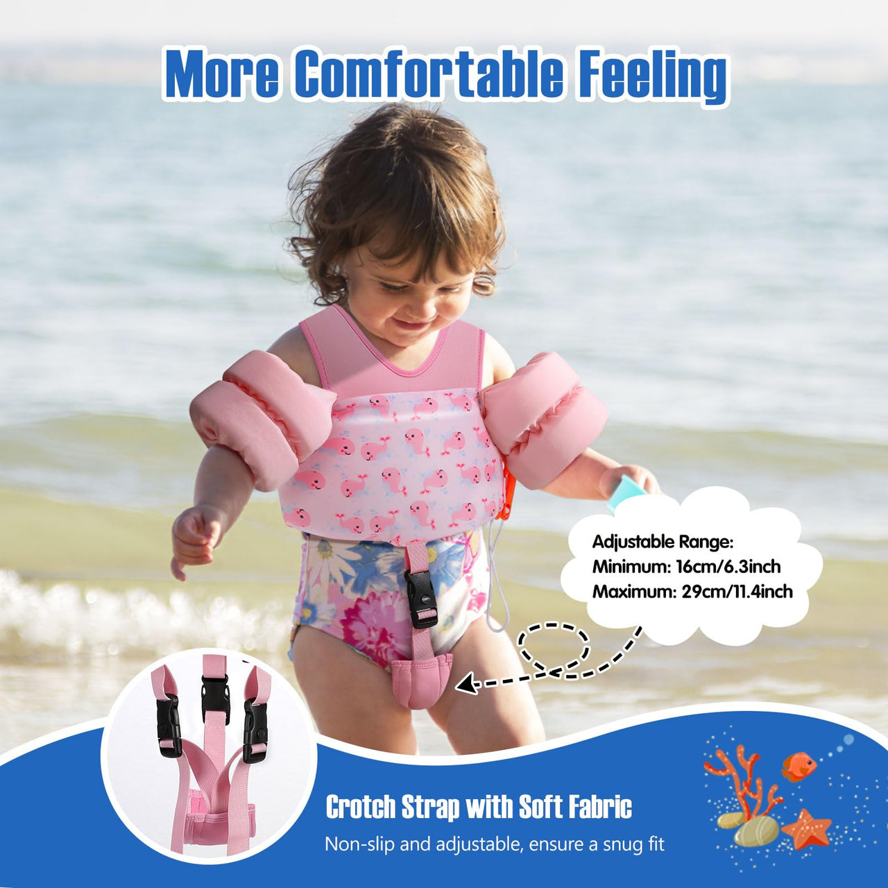 MoKo Toddler Swim Vest for Kids, Swim Arm Floaties 15-30 lbs Cartoon Swimming Water Wings with Crotch Strap, Pool Float Vests Sleeves Shoulder Straps Arm Band for Children, Pink Whale