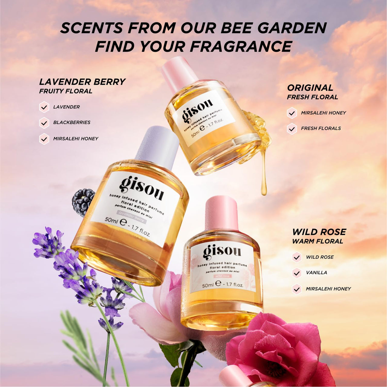 Gisou Honey Infused Hair Perfume Mini – Long-Lasting Hair Fragrance with Mirsalehi Honey & Argan Oil, Lavender Berry, 0.5 Fl Oz