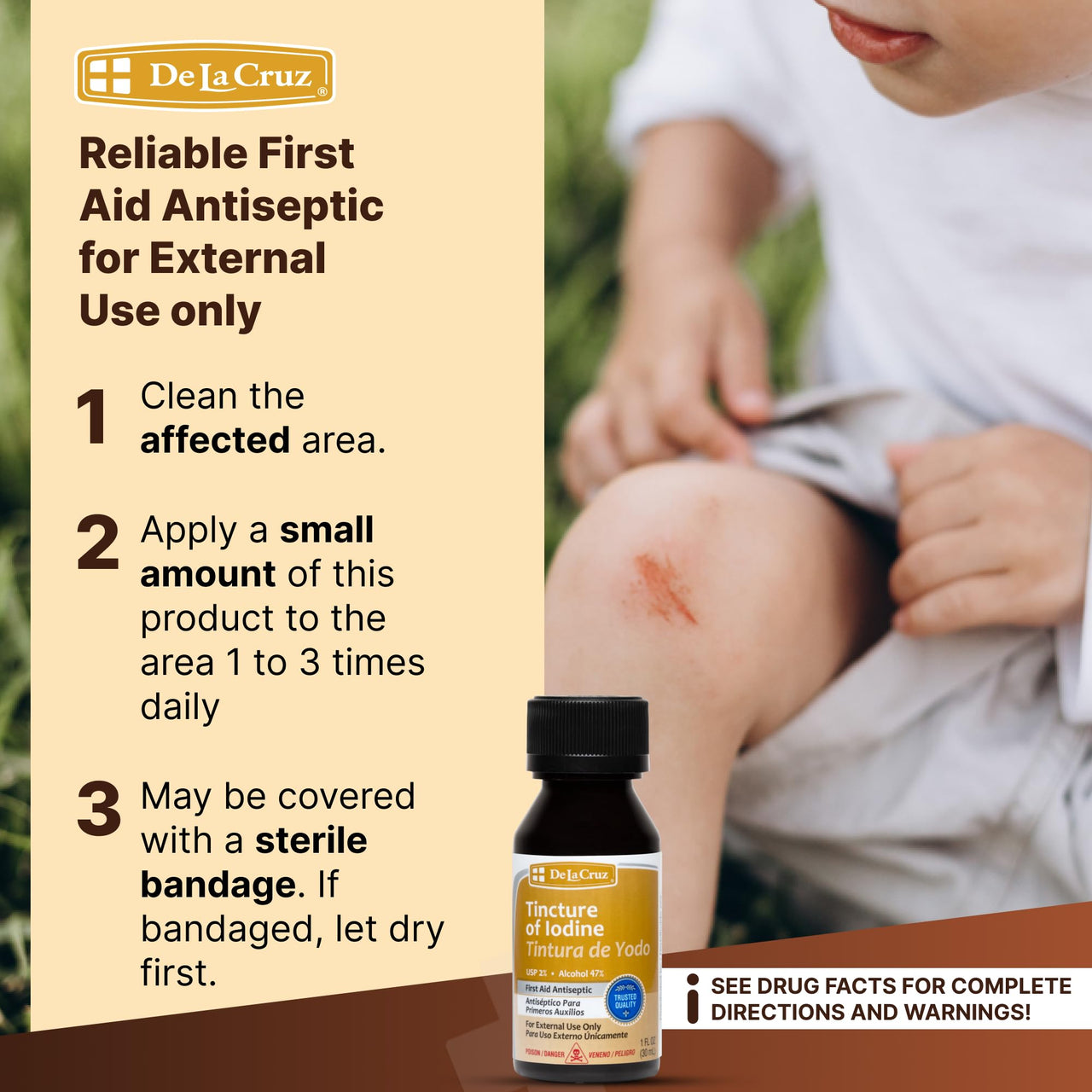 De La Cruz 2% Iodine First Aid Antiseptic, Made in USA 1 FL OZ (1 Bottle)