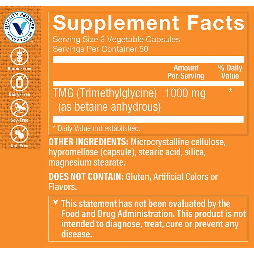The Vitamin Shoppe TMG a Trimethylglycine a Supports Healthy Homocysteine Levels a 1,000 MG (100 Capsules)