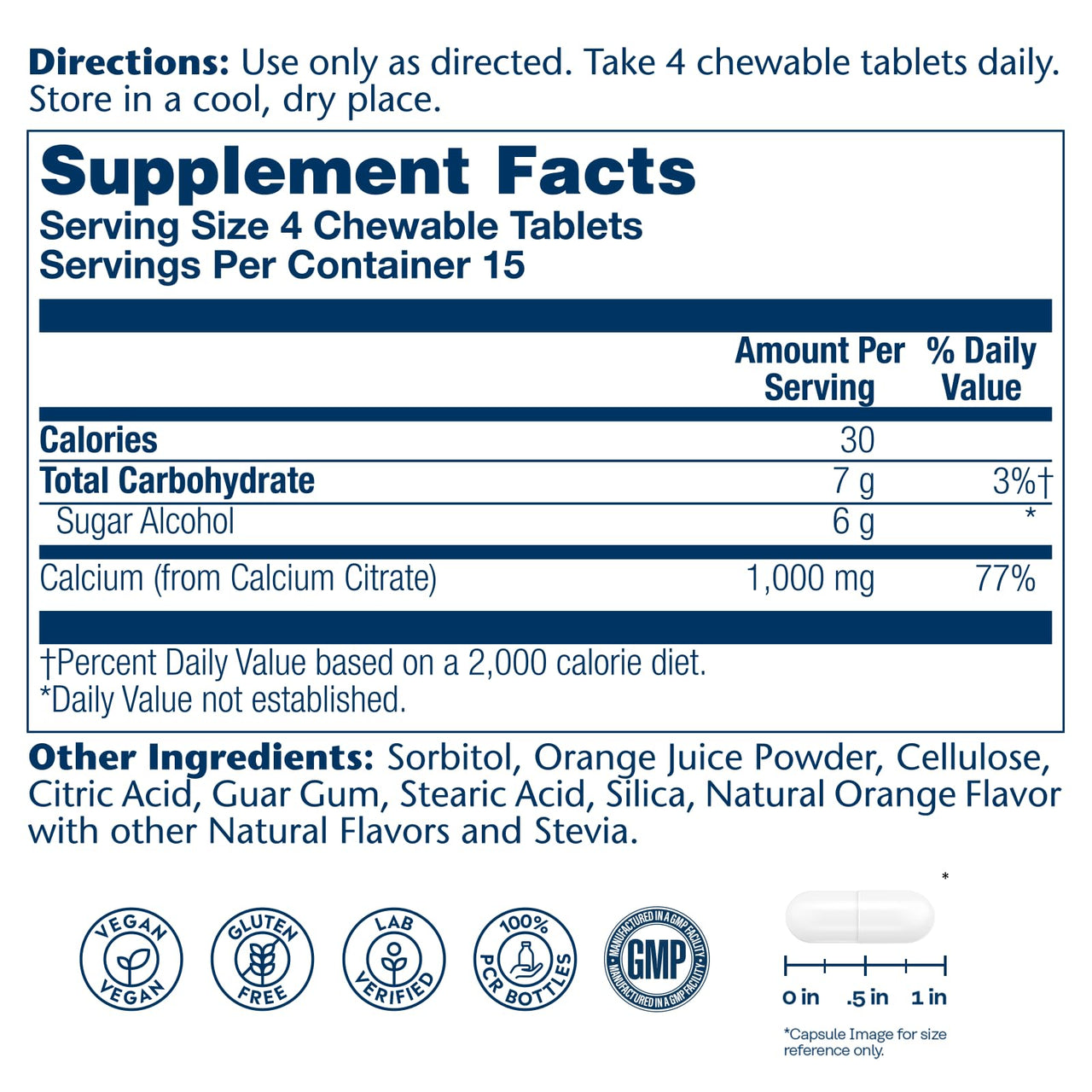 SOLARAY Calcium Citrate 1000mg - Chewable Calcium Supplements for Women and Men - Healthy Teeth and Bone Support - Great, Natural Orange Flavor - Vegan, Gluten Free, 60-Day Guarantee - 15 Servings