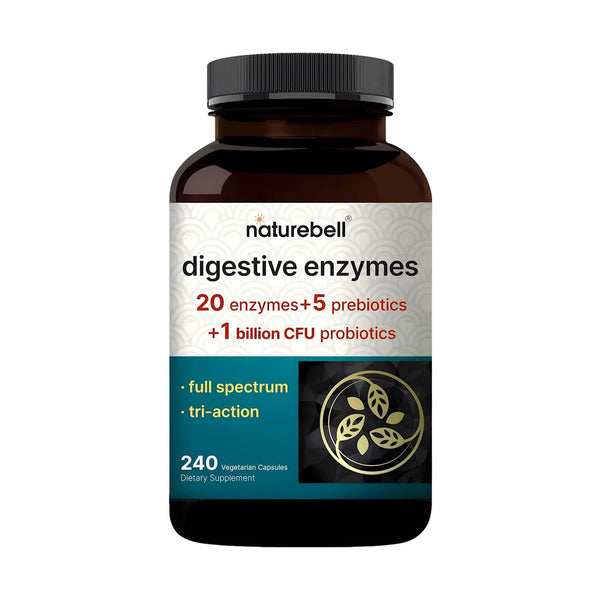 NatureBell Digestive Enzymes - 240 Capsules - Gut & Digestive Health Support Supplement* - with 20 Enzymes, 5 Prebiotics & 10-Strand Probiotic Blend