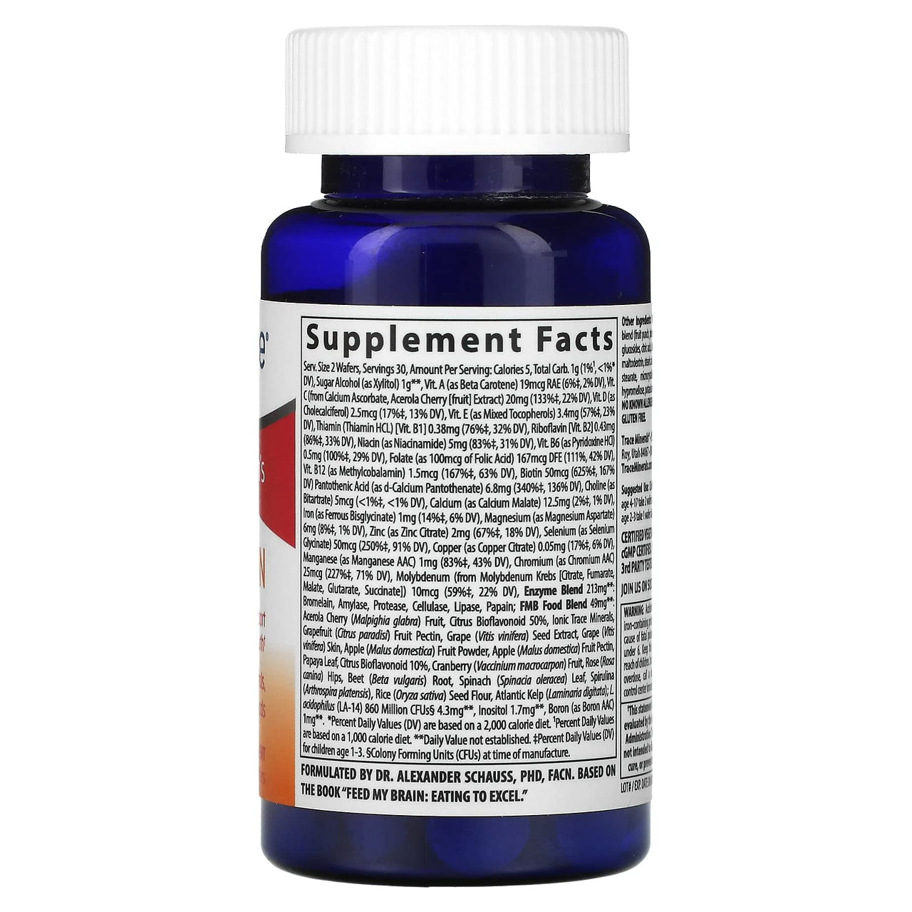 Trace Minerals Children's Feed My Brain - Brain Support Supplement for Kids - Multivitamin for Focus Support with Enzymes, Vitamins & Minerals - Fruit Punch Flavor, 60 Chewable Wafers (30 Servings)