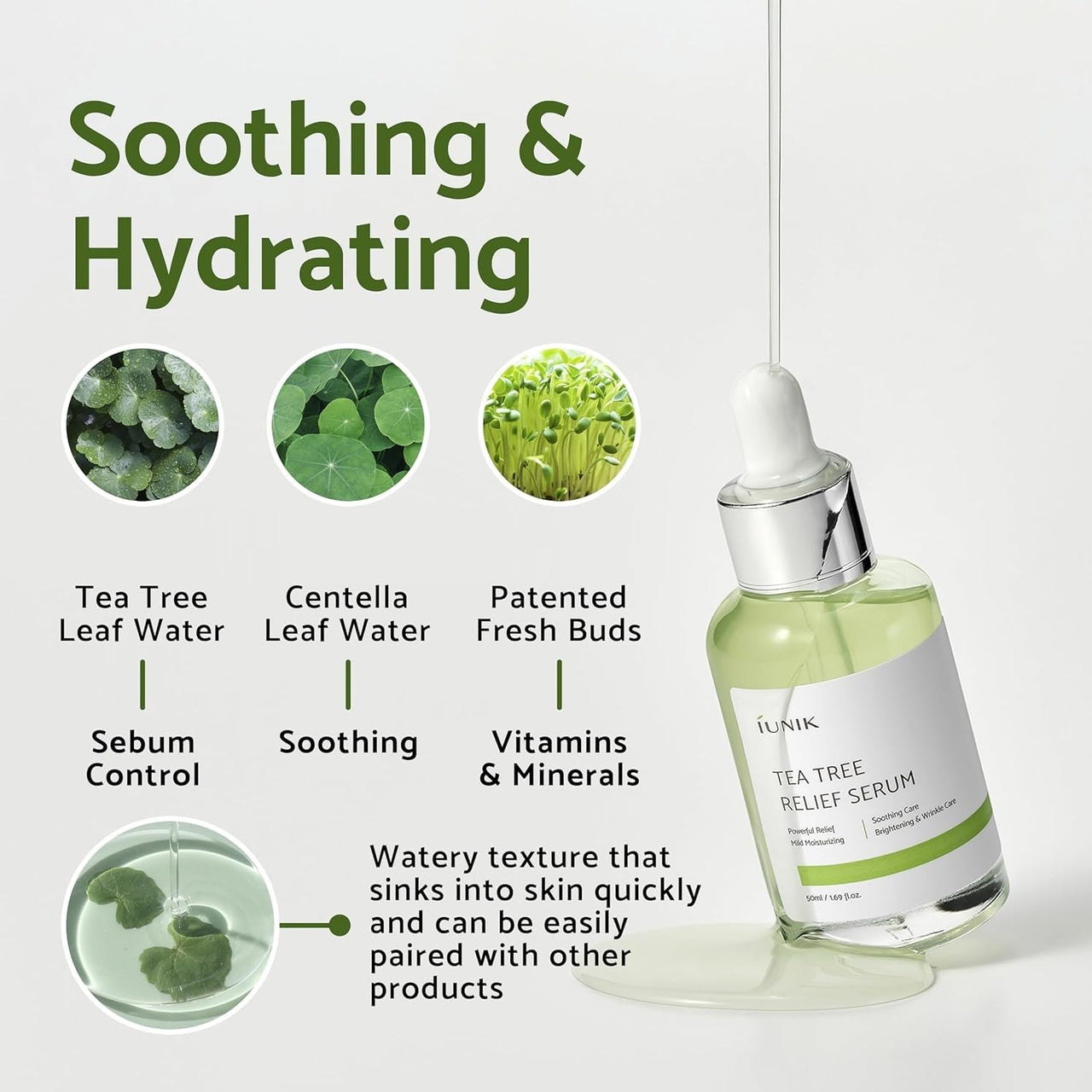 IUNIK Tea Tree Relief Vegan Serum for Acne-Prone Skin - Non-Sticky & Lightweight Facial Ampoule with Centella Asiatica for Soothing, Calming, and Balancing - Korean Skincare 1.7 Fl Oz