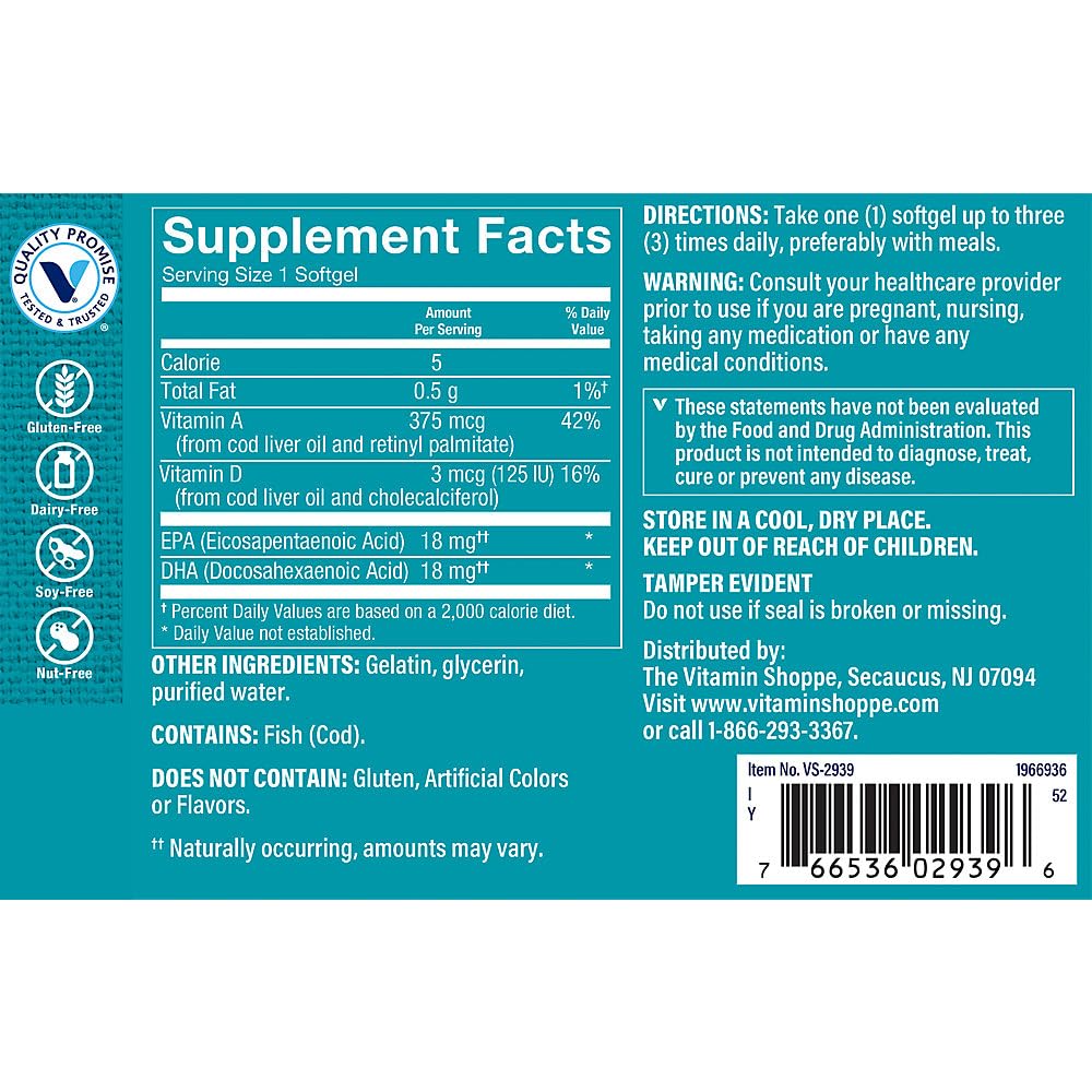 The Vitamin Shoppe Norwegian Cod Liver Oil, Natural Rich Source of Vitamins A & D, Natural Source of Omega-3s, Supports Heart & Brain Health (240 Softgels)