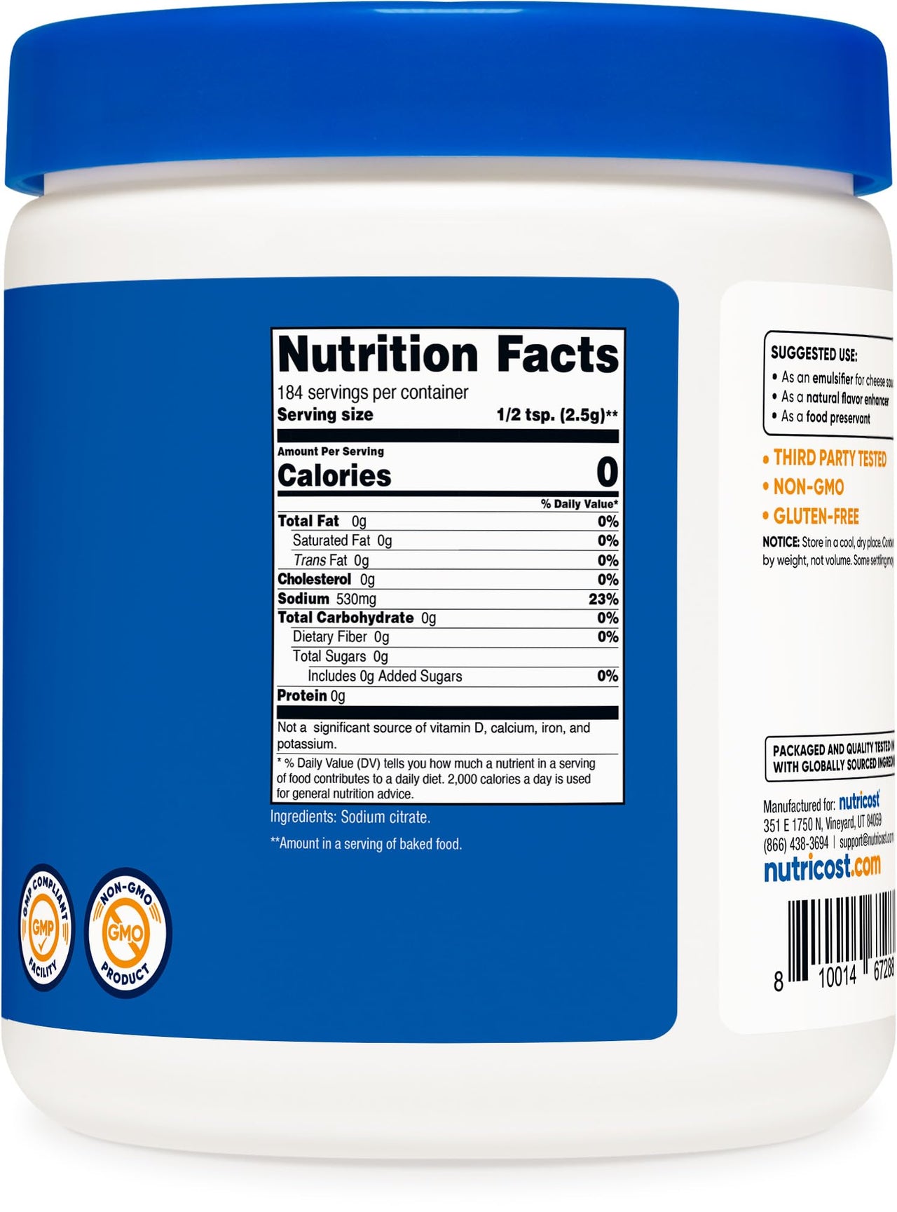 Nutricost Sodium Citrate Powder 1LB (16oz) - Food Grade, Non-GMO - Emulsifier, Natural Flavor Enhancer, Food Preservant