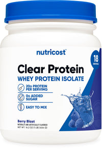 Thumbnail for Nutricost Clear Whey Protein Isolate Powder (Berry Blast) 1 LB - 20g of Protein, 0g Added Sugar, GMO-Free, Gluten-Free