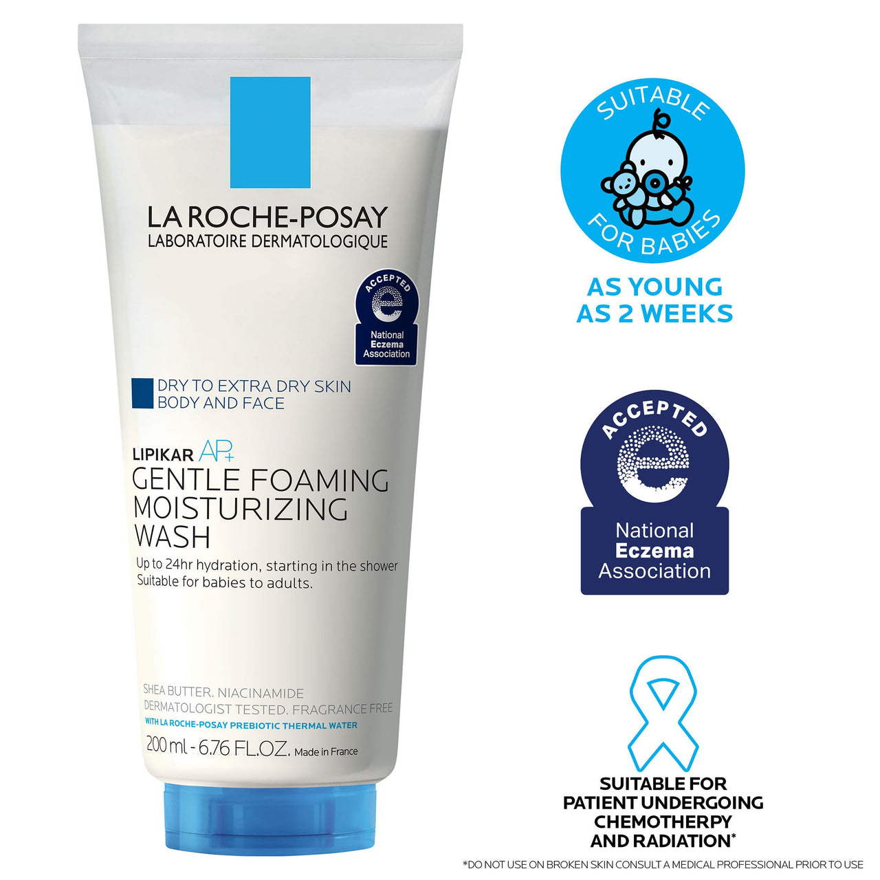 La Roche-Posay Lipikar AP+ Gentle Foaming Moisturizing Wash, Shea Butter + Niacinamide + Glycerin, Moisturizing Body Wash & Face Wash For Dry Skin, National Eczema Association Accepted, Soap Free