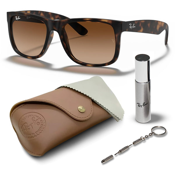 Ray-Ban RB4165 JUSTIN Classic Square Shape Sunglasses With Eyewear Kit Bundle - High Bridge Fit - Ideal Formal and Casual Wear Square Sunglasses