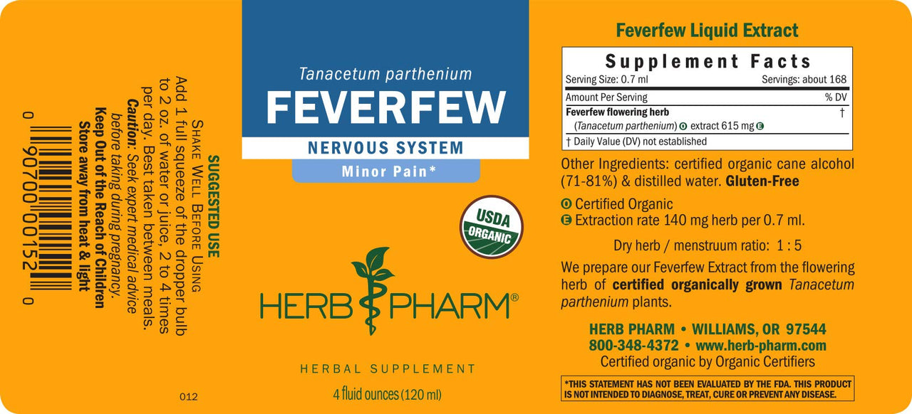 Herb Pharm Certified Organic Feverfew Liquid Extract for Minor Pain Support - 4 Ounce