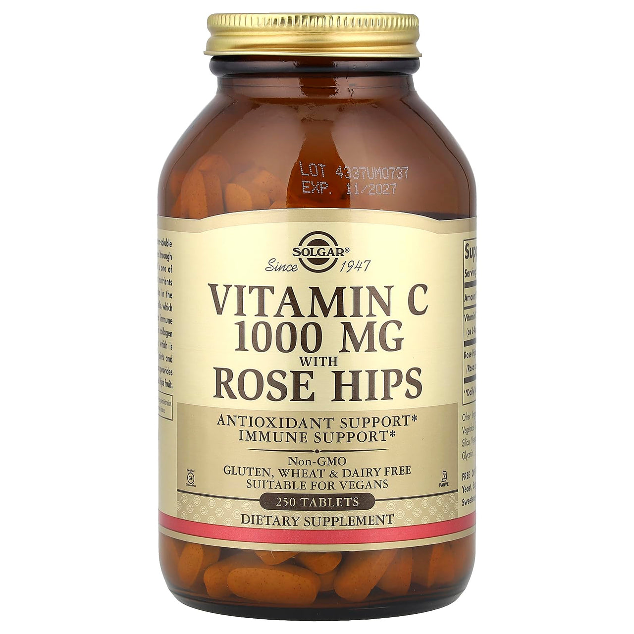 Solgar Vitamin C 1000 mg with Rose HIPS, 250 Tablets - Antioxidant & Immune Support - Overall Health - Supports Healthy Skin & Joints - Non-GMO, Vegan and Kosher - 250 Servings