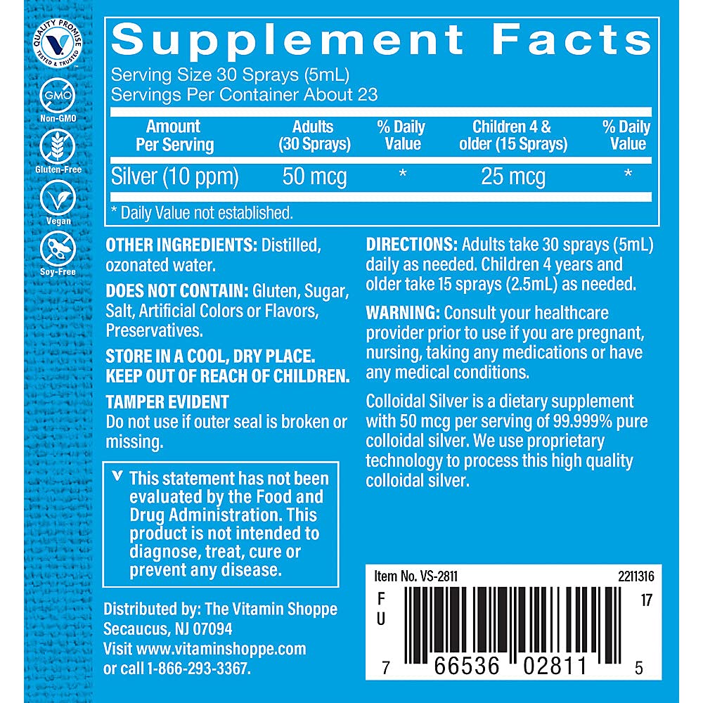 The Vitamin Shoppe Colloidal Silver Spray 10 PPM - Immune System Support | Nano Silver Particles | 4 oz Spray Bottle | 99.99% Pure
