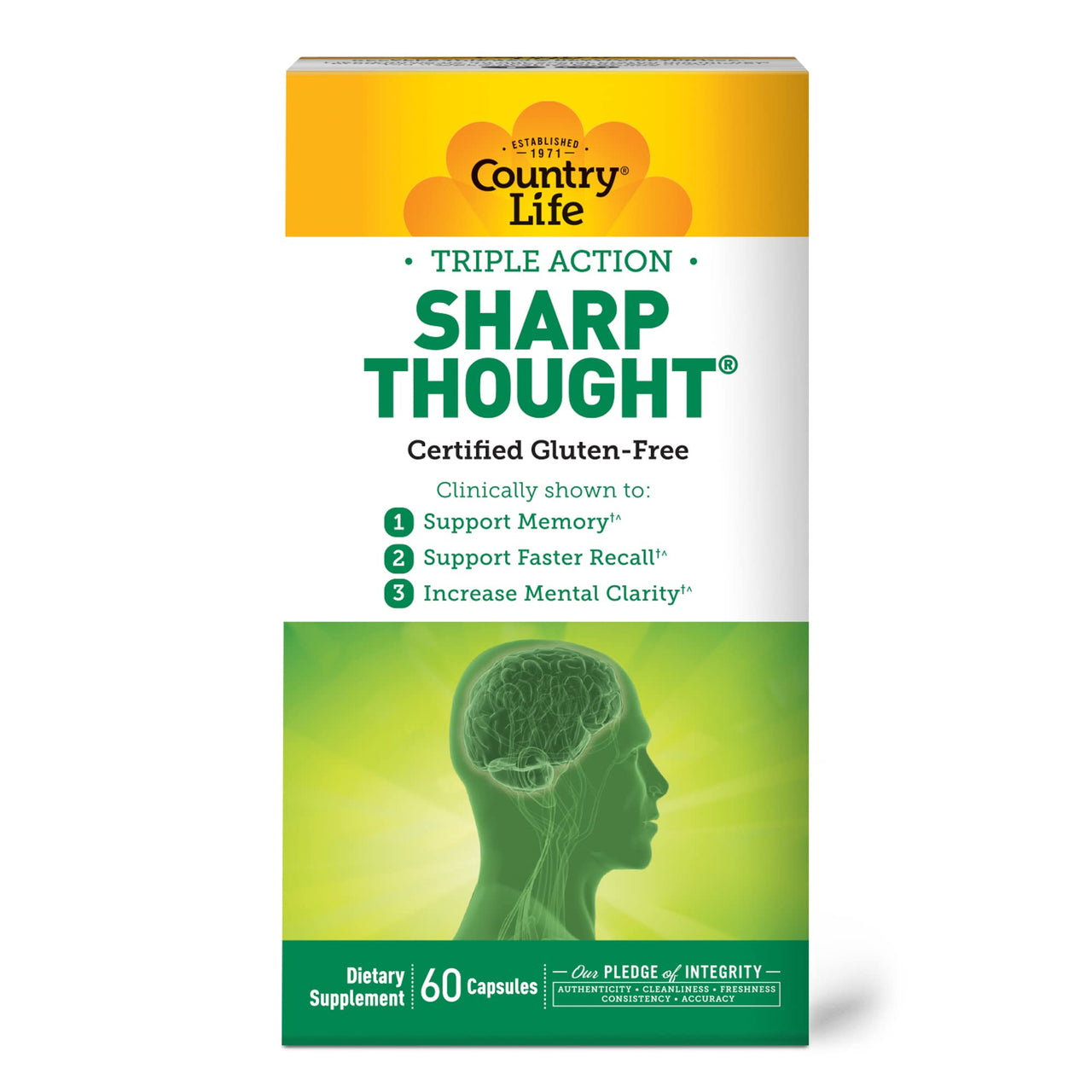 Country Life Sharp Thought - Memory & Cognitive Support Supplement – Sharp-PS Gold Phosphatidylserine + DHA – Promotes Mental Clarity & Faster Recall – Gluten-Free, 60 Capsules