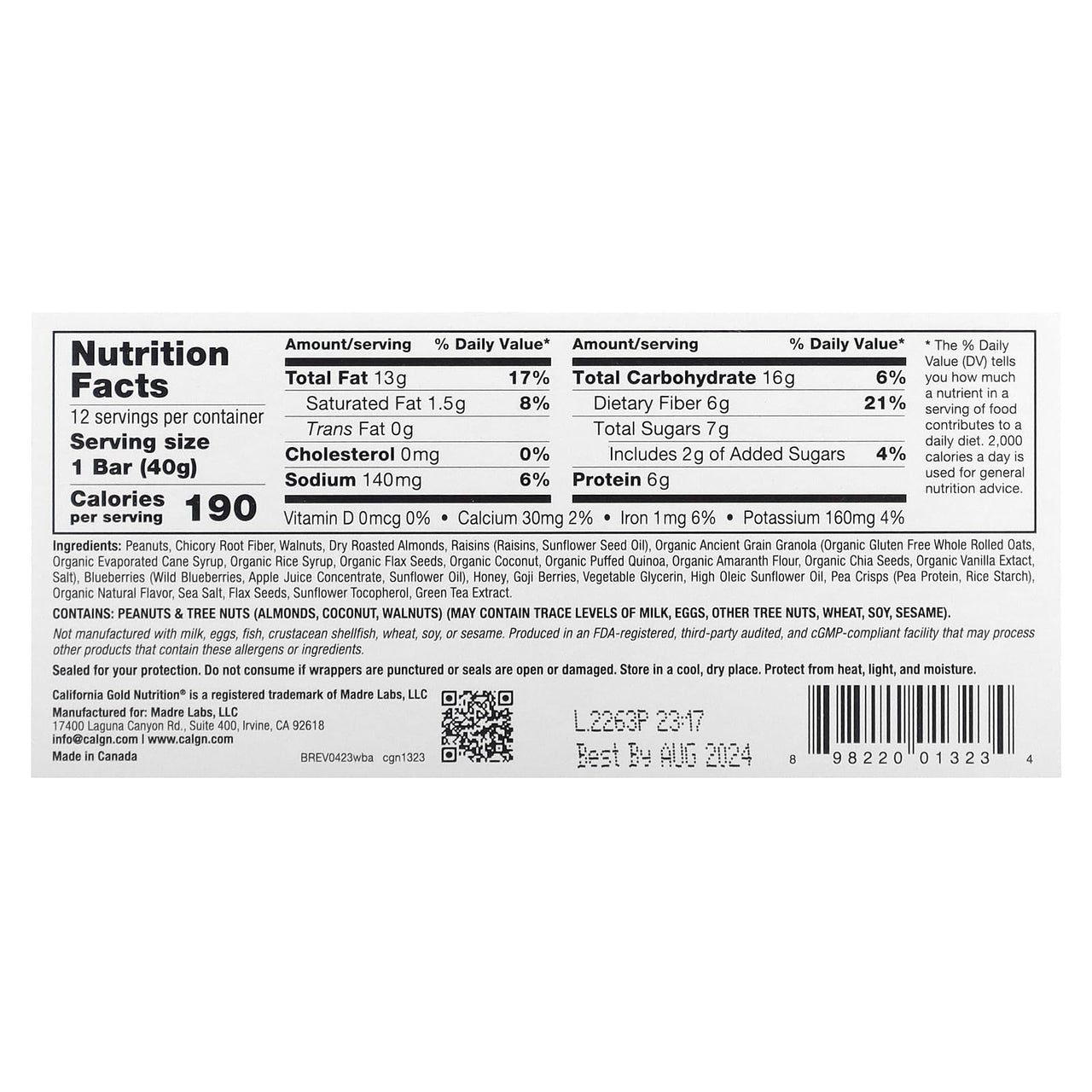 California Gold Nutrition Foods, Wild Blueberry & Almond Chewy Granola Bars, 12 Bars, 1.4 oz (40 g) Each