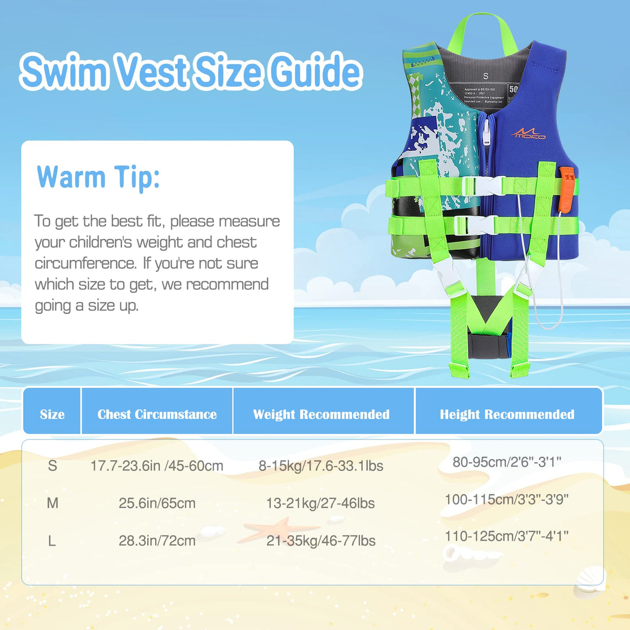 MoKo Swimming Vest for Kids 46-77 lbs, Clearance Children Swim Vests Water Activity Equipment Cute Pattern Watersports Swimming Device for Toddlers Boys Girls, L Size - Indigo
