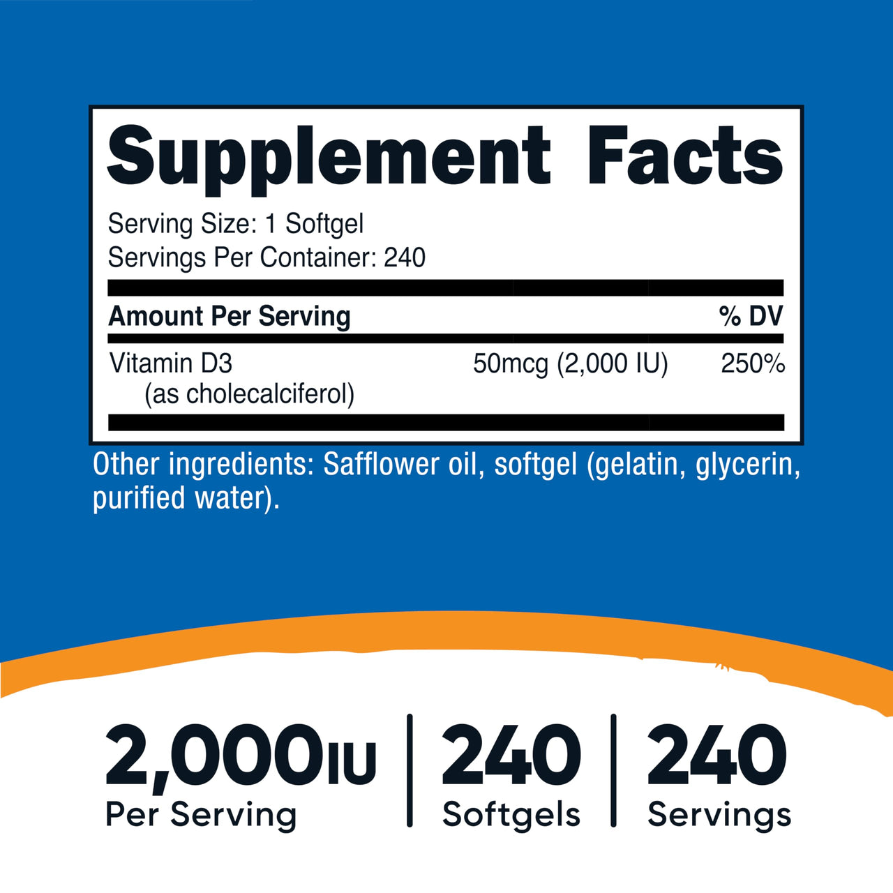 Nutricost Vitamin D3 2000 iu Softgels, 240 Softgels - Non-GMO & Gluten Free
