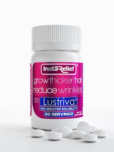 Image 1 of InstaRelief® Hair Growth with Lustriva® - Clinically Shown to Grow Thicker, Healthier Hair in 3 Weeks, Reduce Wrinkles and Fine Lines, with Biotin, Silicon, and Arginine, 60 Tablets