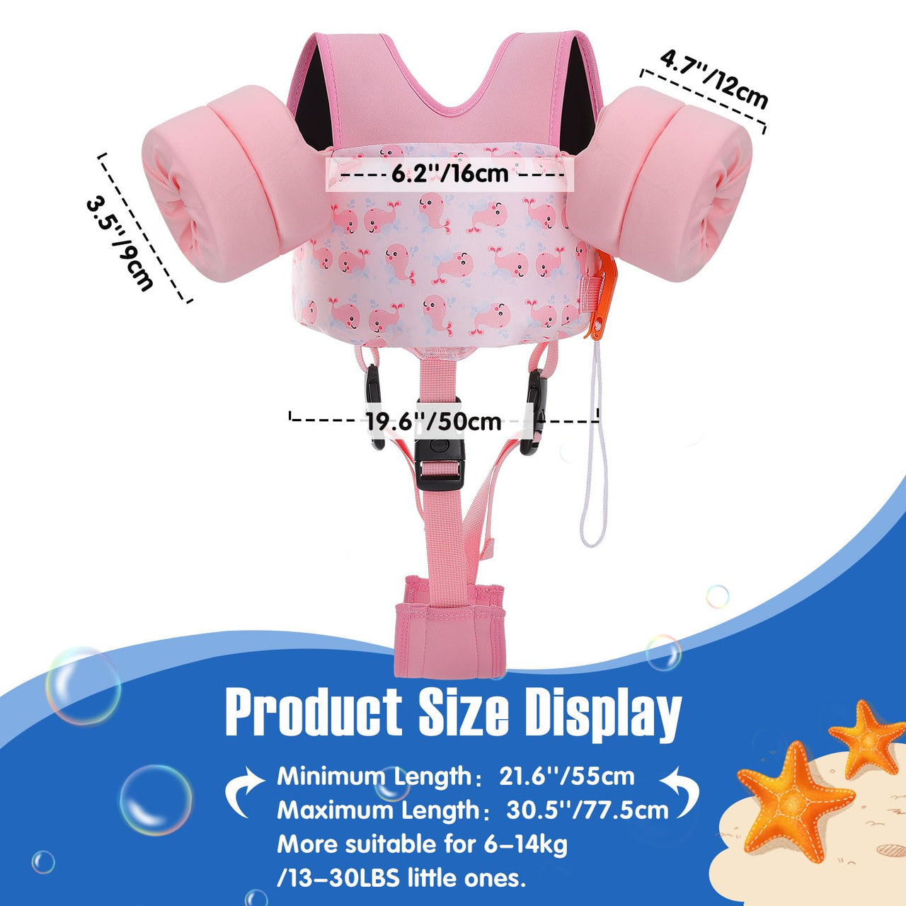 MoKo Toddler Swim Vest for Kids, Swim Arm Floaties 15-30 lbs Cartoon Swimming Water Wings with Crotch Strap, Pool Float Vests Sleeves Shoulder Straps Arm Band for Children, Pink Whale