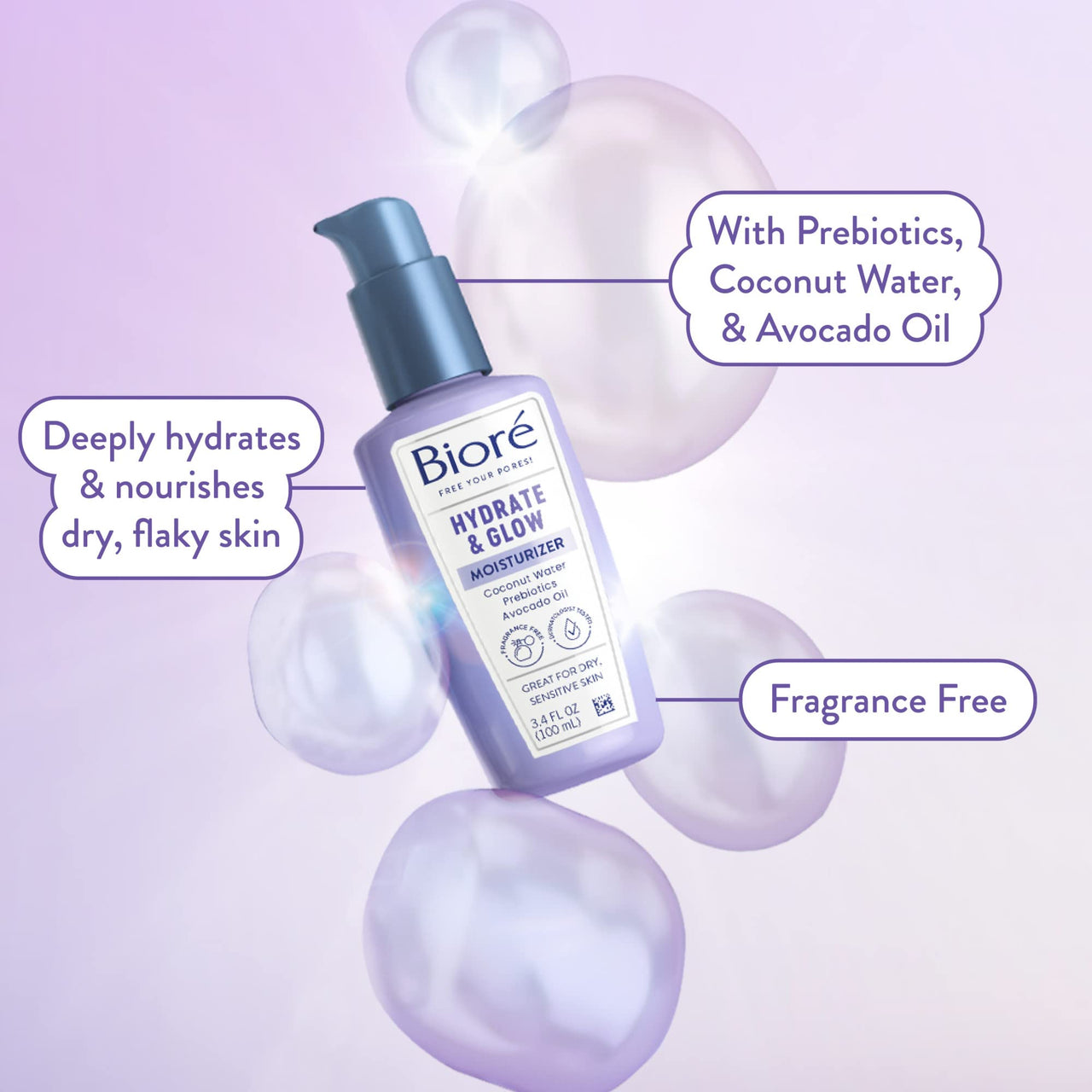 Biore Hydrate & Glow Facial Moisturizer for Dry Skin, Sensitive Skin, Infused with Coconut Water, Prebiotics and Avocado Oil, Dermatologist Tested, Fragrance Free,3.4 Oz