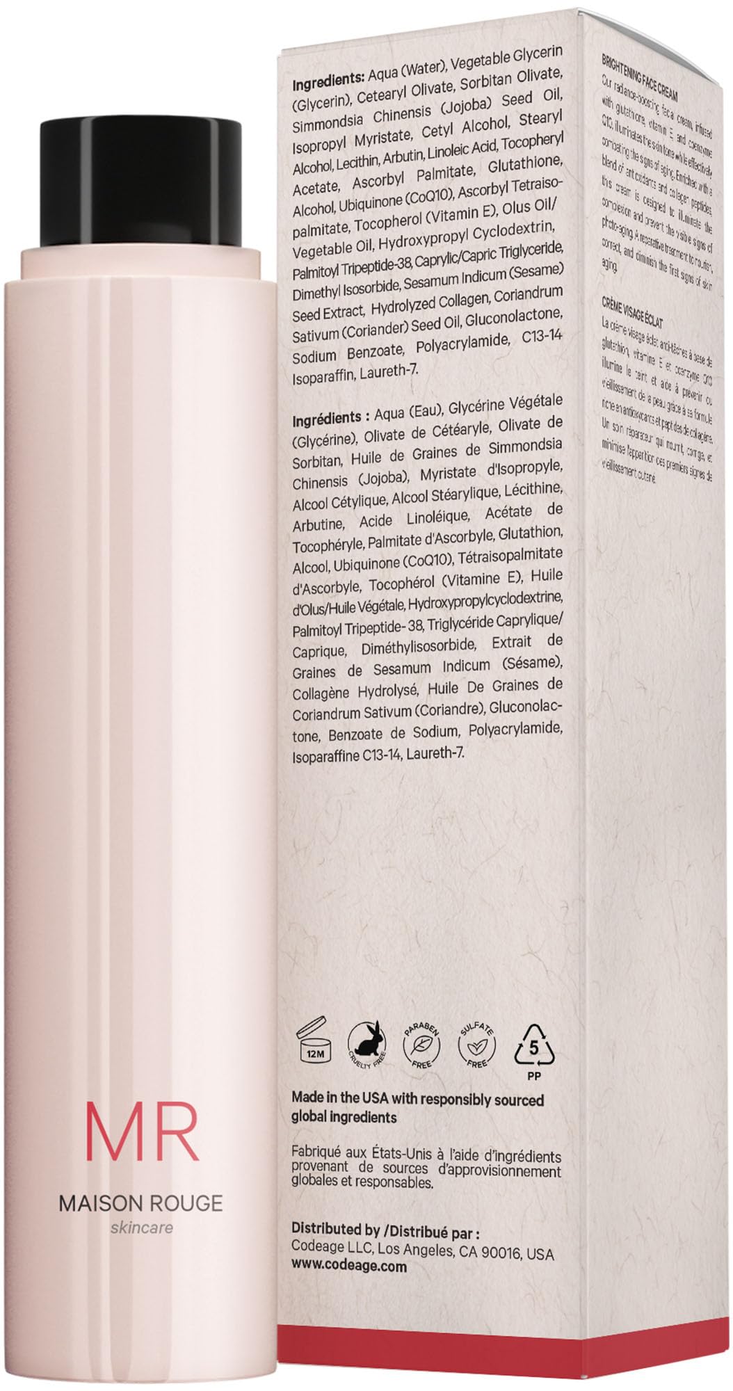 Codeage Maison Rouge Brightening Face Cream Refill Glutathione Cream, Collagen Peptides, Vitamin E, CoQ10 – Radiance & Antioxidant Complex – Paraben and Sulfates Free – Skin Care - 1.7 fl oz