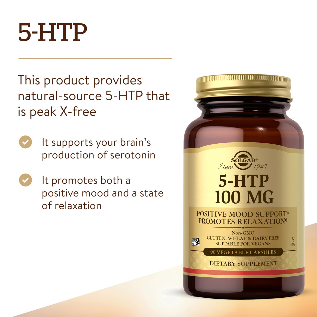 Solgar 5-HTP 100 mg, 90 Vegetable Capsules - Promotes Relaxation - Positive Mood & Stress Support - Non-GMO, Vegan, Gluten Free, Dairy Free, Kosher - 90 Servings